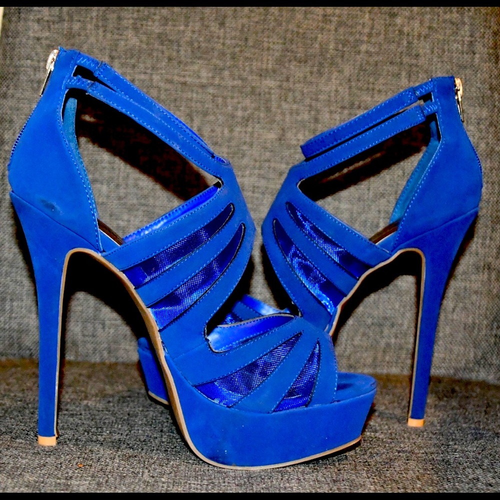 Cobalt blue ultra suede cage heels